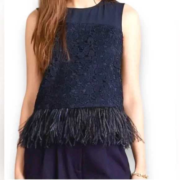 Greylin Tops | Greylin Anthro Navy Blue Ostrich Feather And Lace Tank With Sheer Detail Size Xs | Color: Blue | Size: Xs | Arumschik's Closet